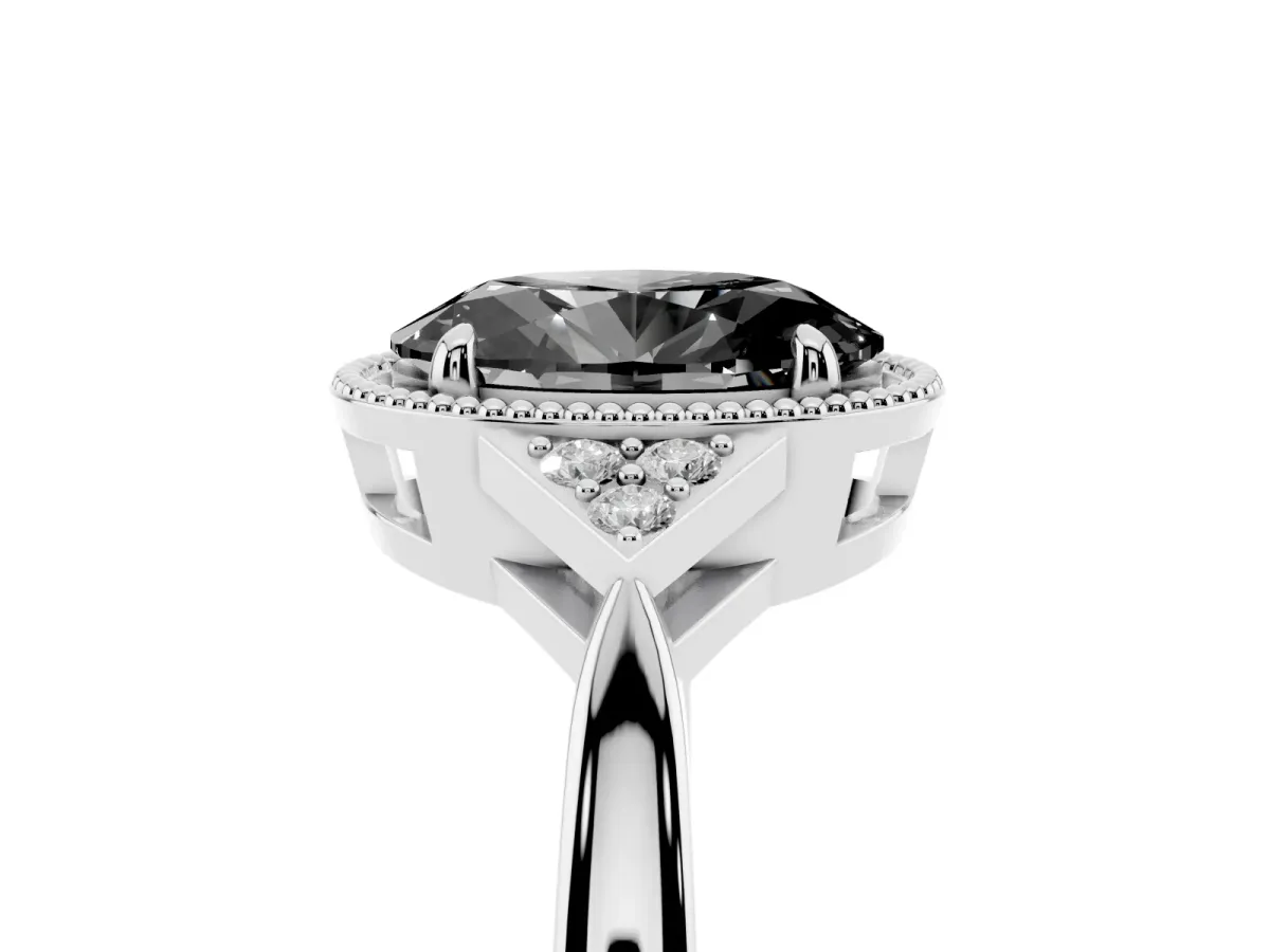 Fancy Black Hexagonal Halo Oval Cut Diamond Solitaire with Pavé Band and Four-Prong Setting Silver