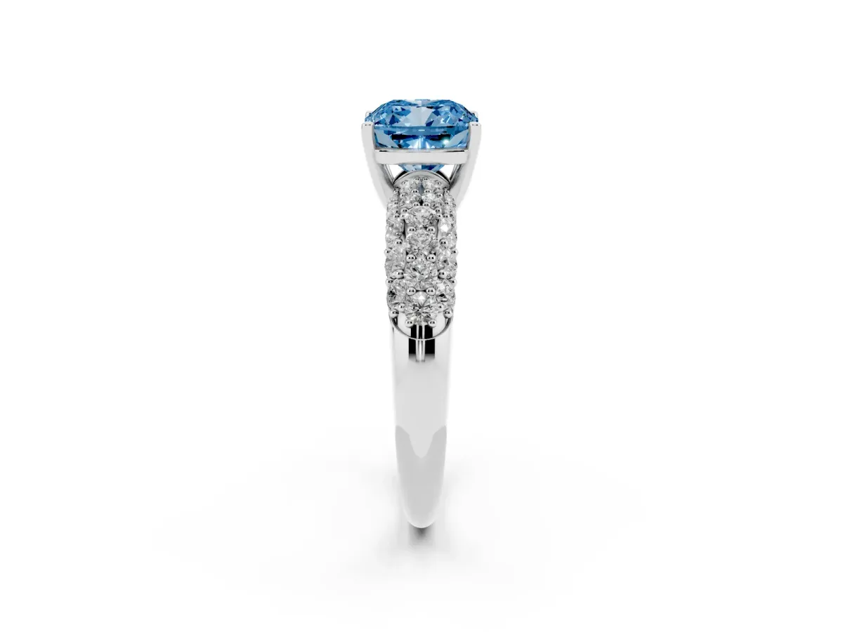 Fancy Blue Cushion Cut Diamond Pavé Band Solitaire Ring with Four-Prong Setting White gold