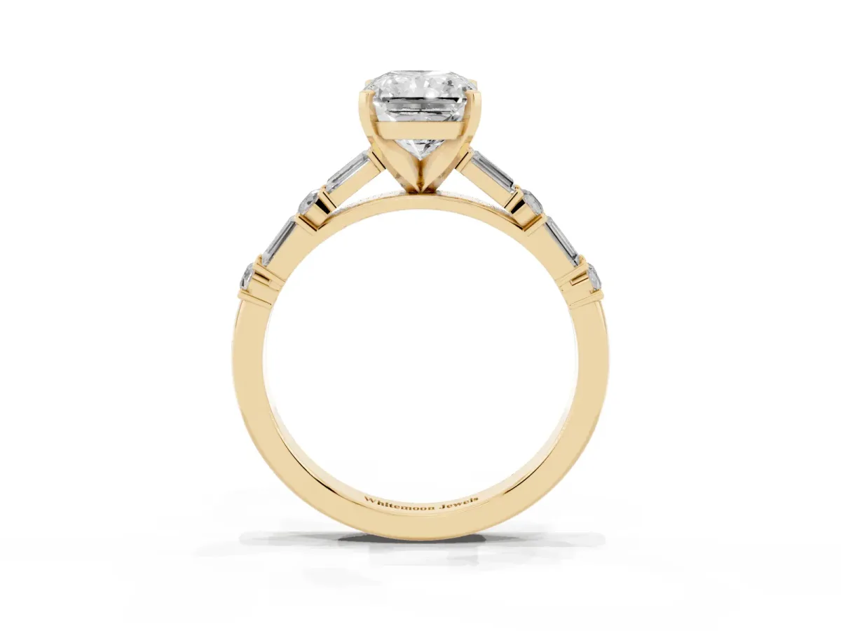 Radiant Cut Diamond Solitaire with Side Baguettes and Channel Set Band Yellow gold