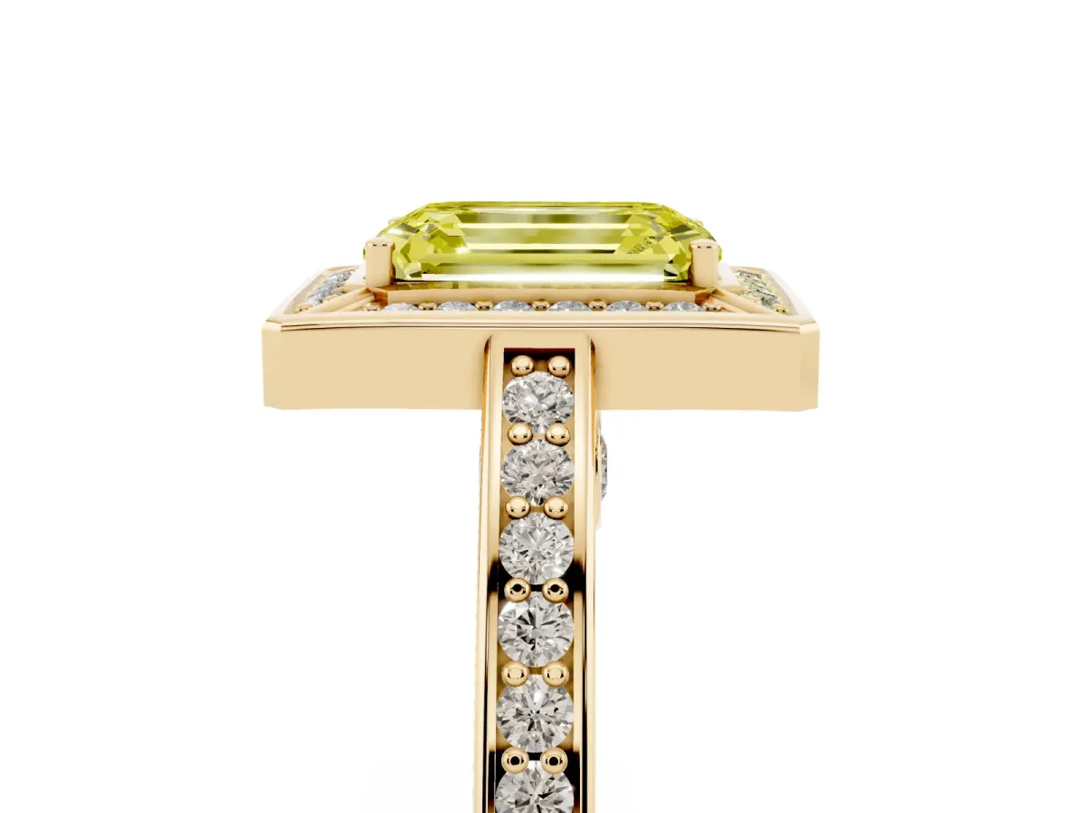 Fancy Yellow Emerald Cut Cut Halo Pave Split Shank Prong Setting Ring Yellow gold