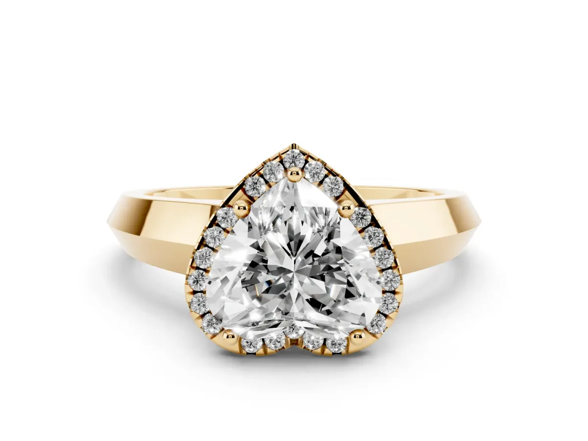 Heart Cut Halo Diamond Ring with Cathedral Band and Four-Prong Setting Yellow gold
