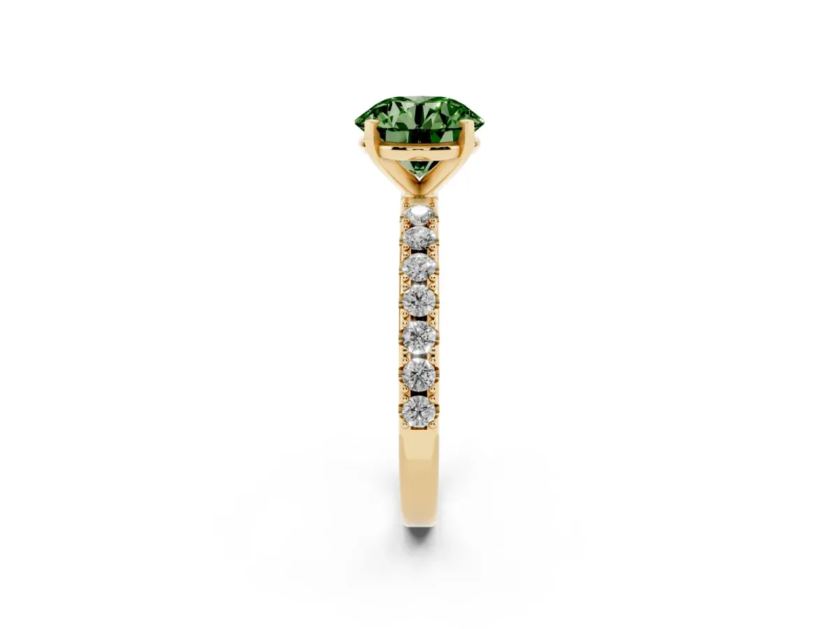 Fancy Green Round Cut Diamond Solitaire Pavé Band with Four-Prong Setting Yellow gold