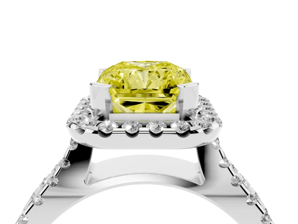 Fancy Yellow Radiant Cut Diamond Halo Ring with Split Shank Pavé Band and Prong Setting Silver