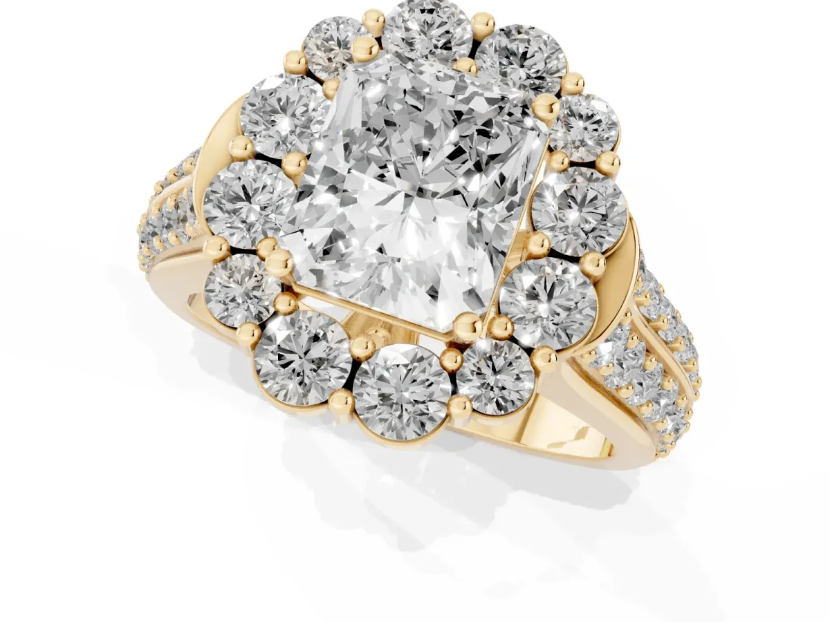 Radiant Cut Halo Diamond Engagement Ring with Split Shank and Prong Setting Yellow gold