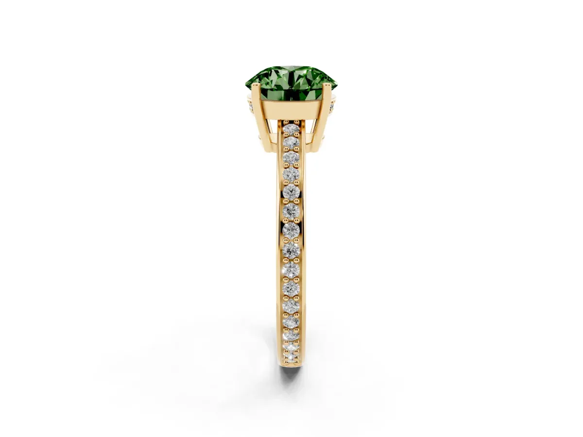 Fancy Green Round Cut Solitaire Pavé Band Prong Setting Ring Yellow gold