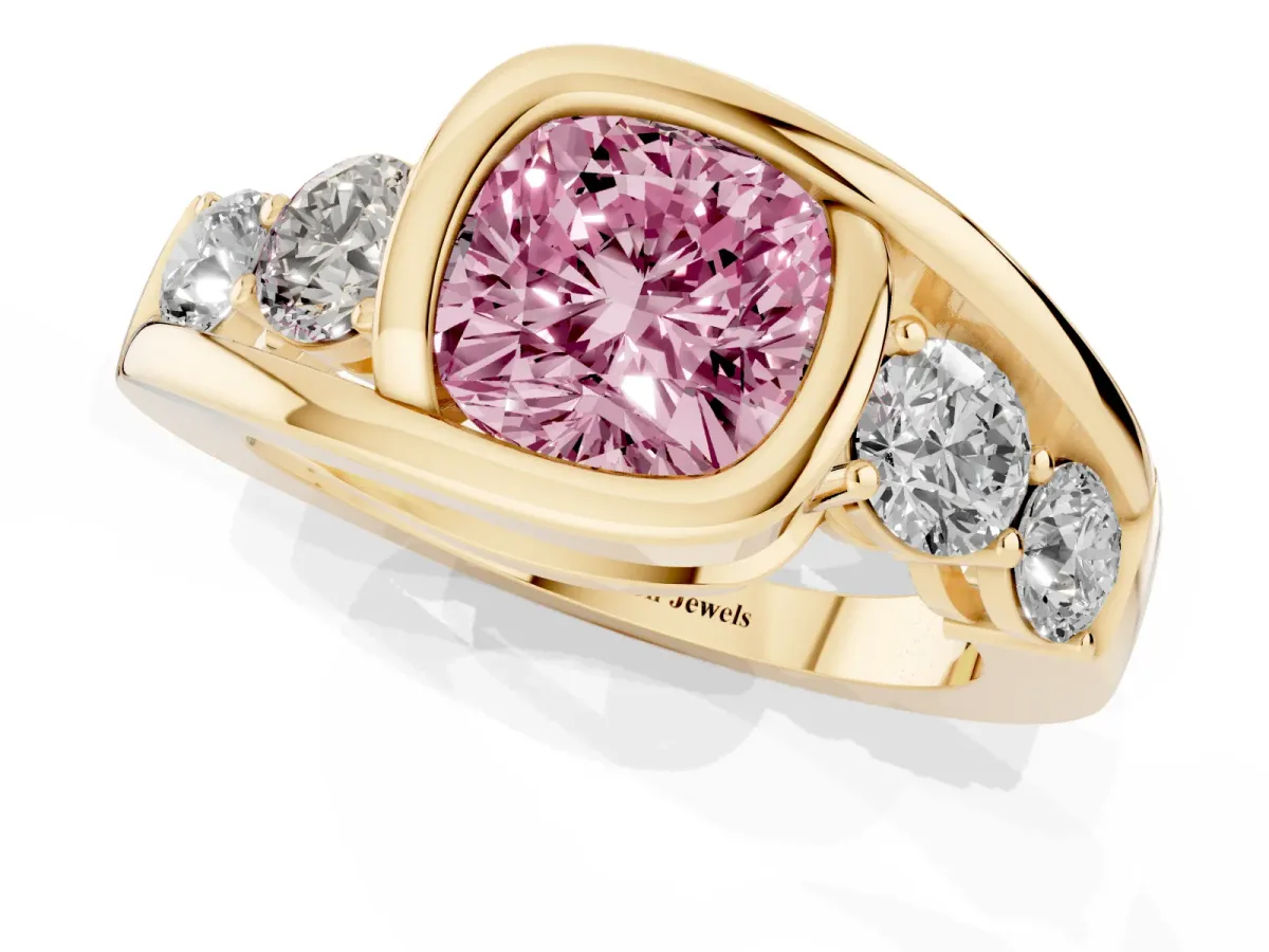 Fancy Pink Bezel Set Cushion Cut Diamond Bypass Ring with Round Accents Yellow gold