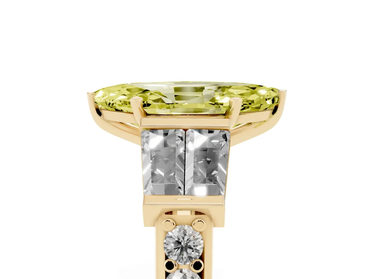 Fancy Yellow Marquise Cut Diamond Engagement Ring with Baguette Side Stones and Channel Set Band Yellow gold