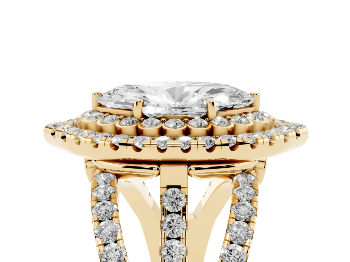 Marquise Cut Diamond Double Halo Ring with Round Pavé Split Shank and Prong Setting Yellow gold