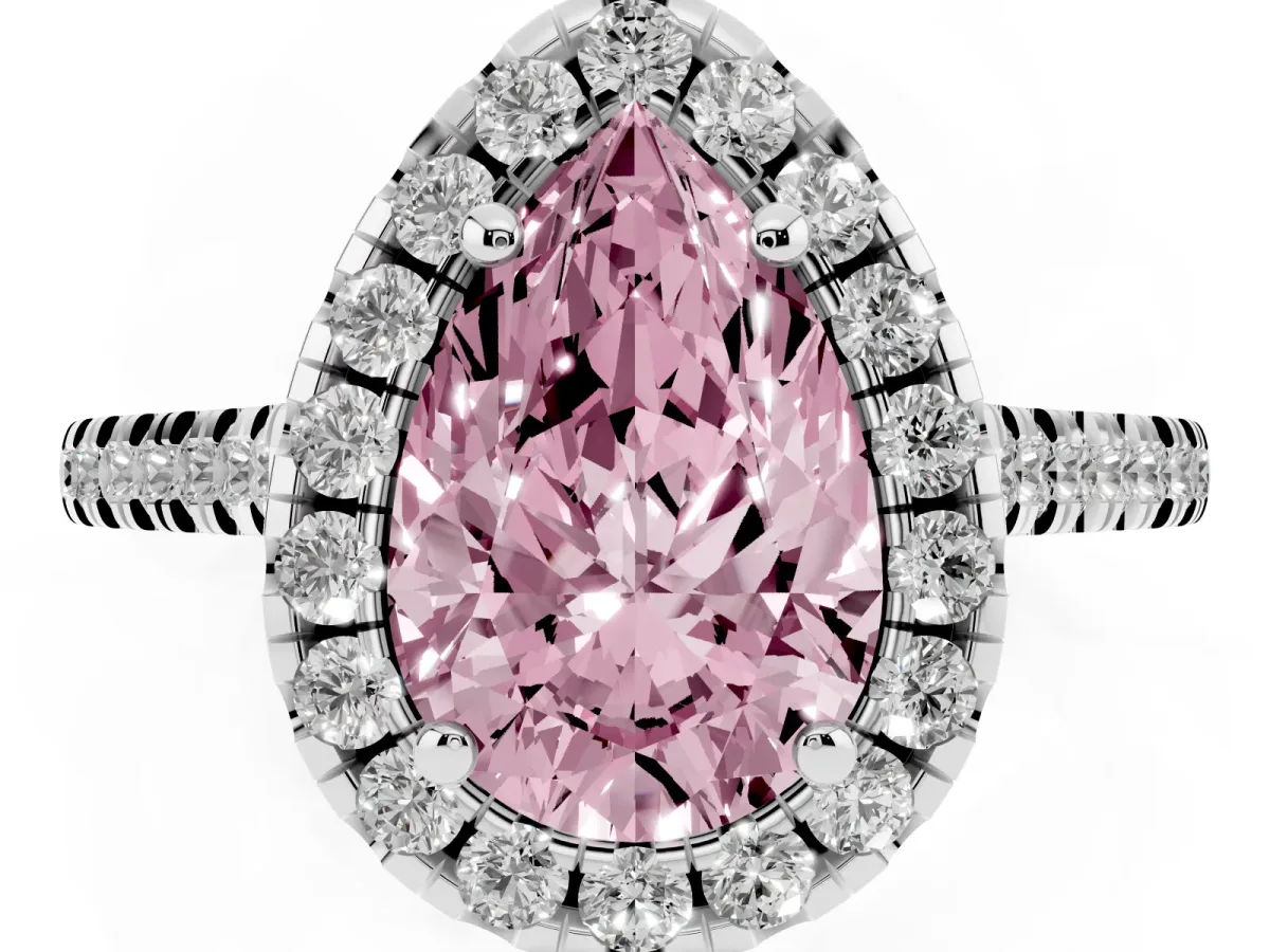 Fancy Pink Pear Cut Diamond Cushion Halo Ring with Pavé Band Platinum