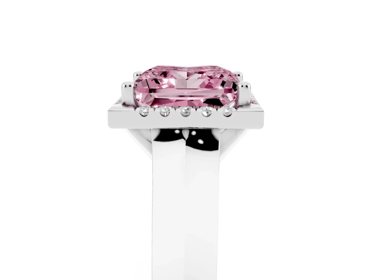 Fancy Pink Princess Cut Halo Diamond Ring with Cathedral Band and Four-Prong Setting Silver