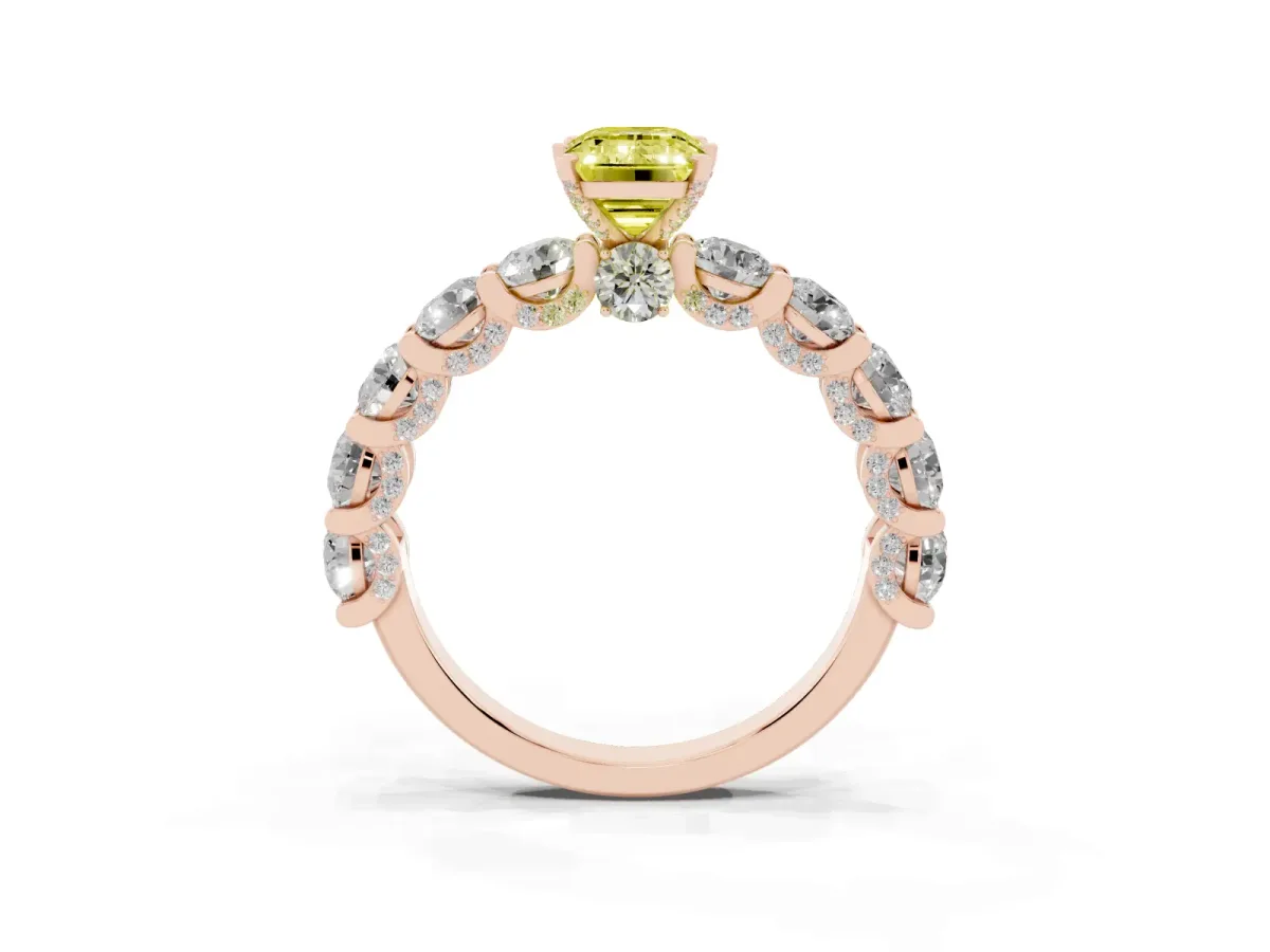 Fancy Yellow Emerald Cut Diamond Side Stone Engagement Ring with Four-Prong Setting Rose gold