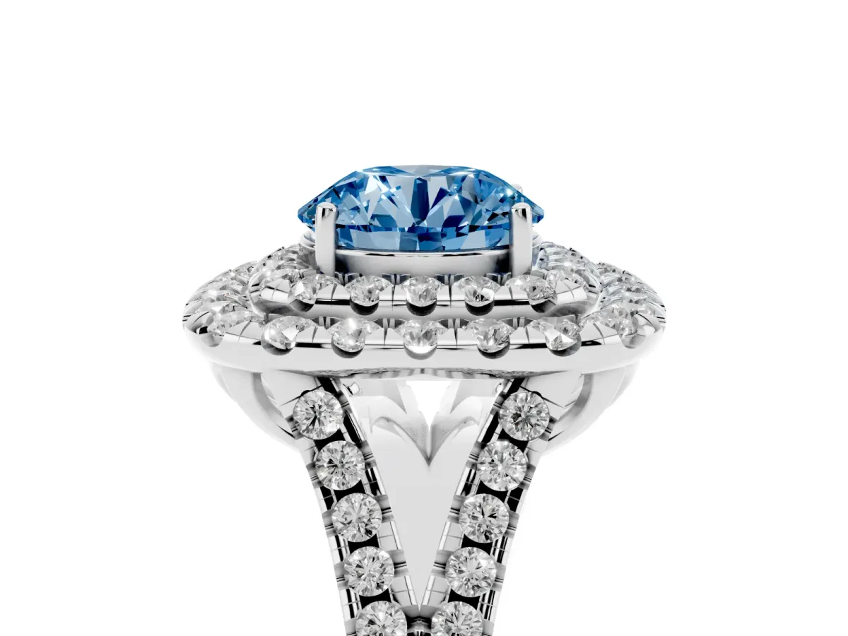 Fancy Blue Double Halo Round Cut Diamond Pavé Split Shank Ring with Prong Setting White gold