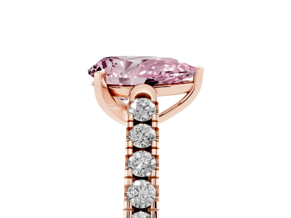 Fancy Pink Pear Cut Diamond Pavé Band Solitaire Ring with Prong Setting Rose gold