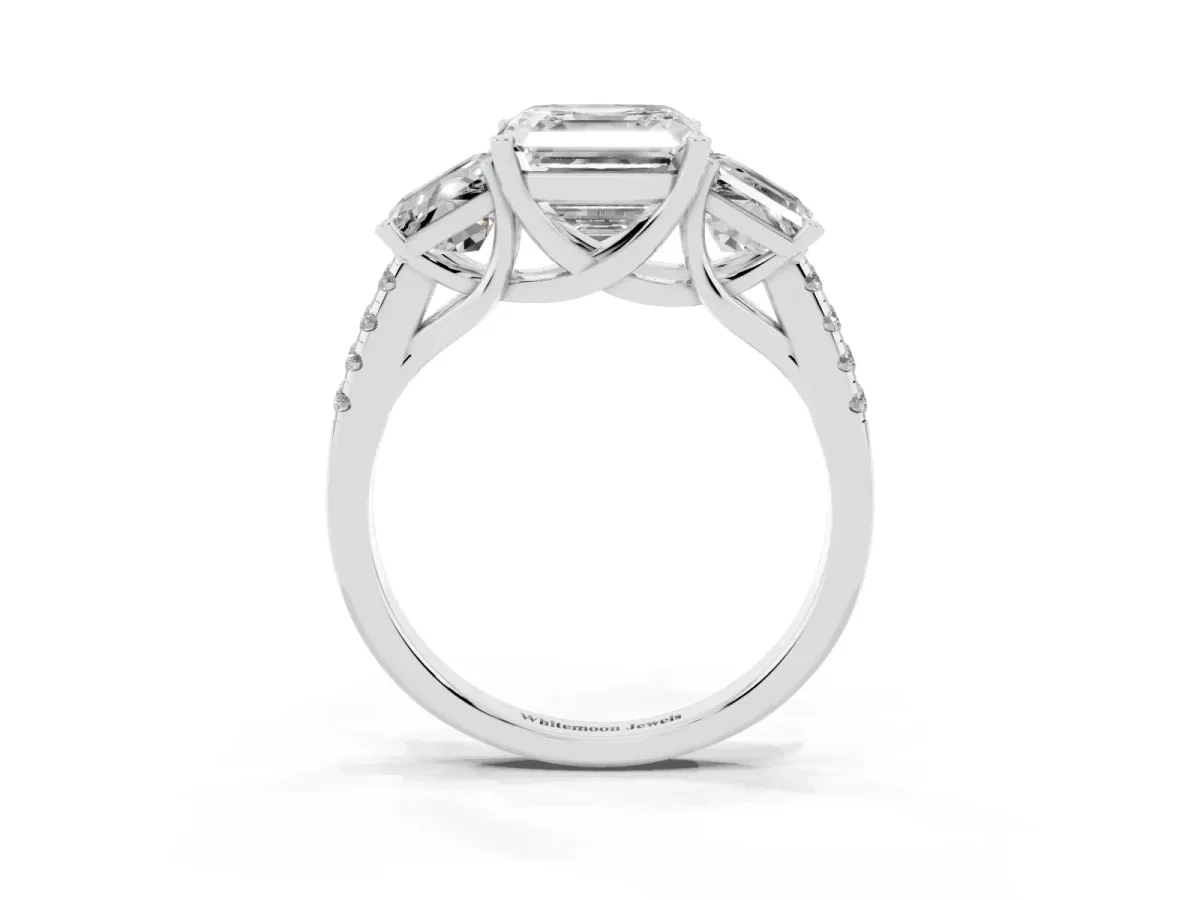 Three-Stone Asscher Cut Diamond Ring with Round Pavé Band and Prong Setting Silver