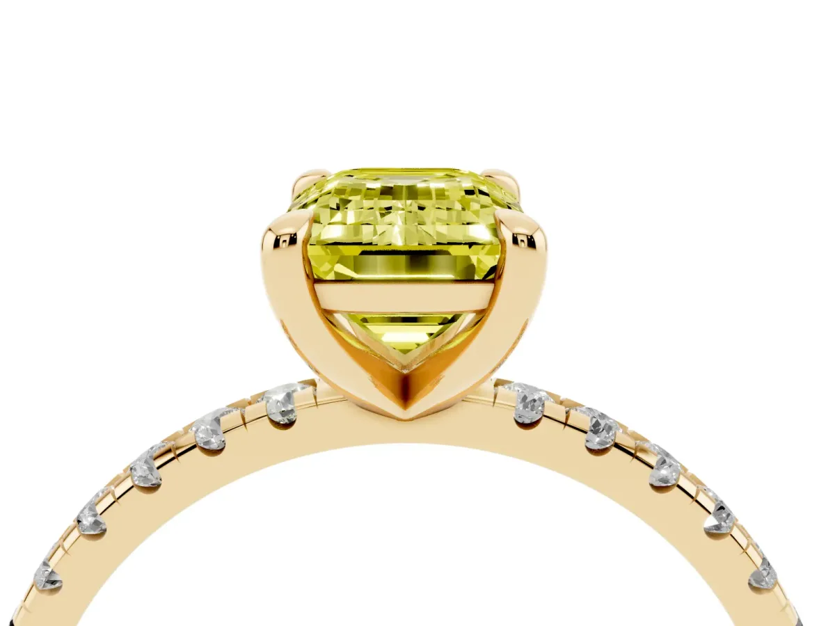 Fancy Yellow Emerald Cut Diamond Brilliant Solitaire Ring with Pavé Band and Four-Prong Setting Yellow gold