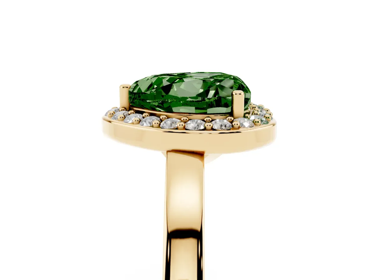 Fancy Green Heart Cut Halo Diamond Ring with Solitaire Band and Prong Setting Yellow gold