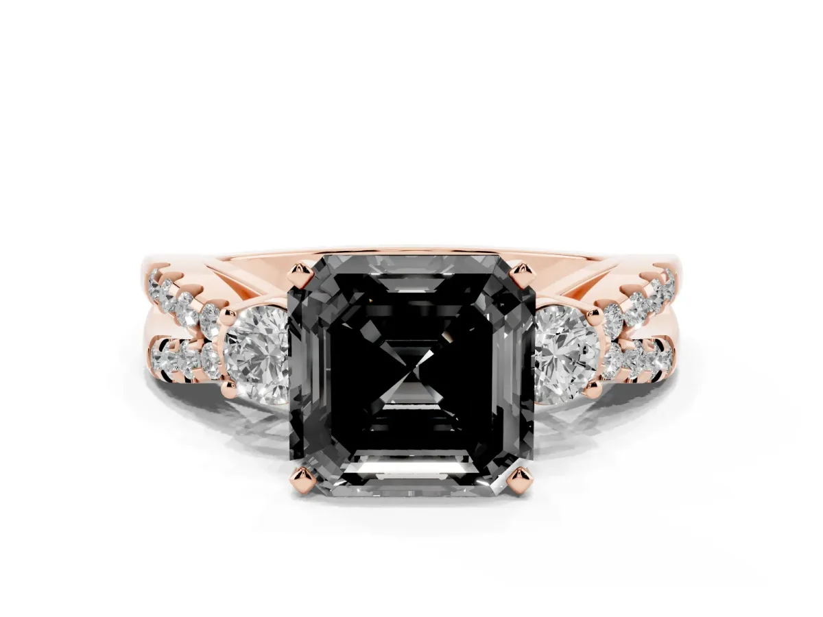 Fancy Black Asscher Cut Diamond Three-Stone Ring with Pavé Split Shank and Four-Prong Setting Rose gold