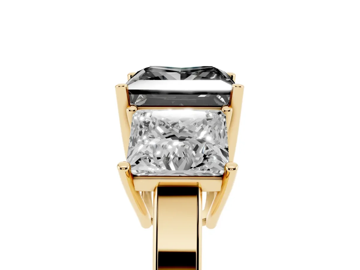 Fancy Black Three-Stone Princess Cut Cut Diamond Engagement Ring with Flat Band and Four-Prong Setting Yellow gold