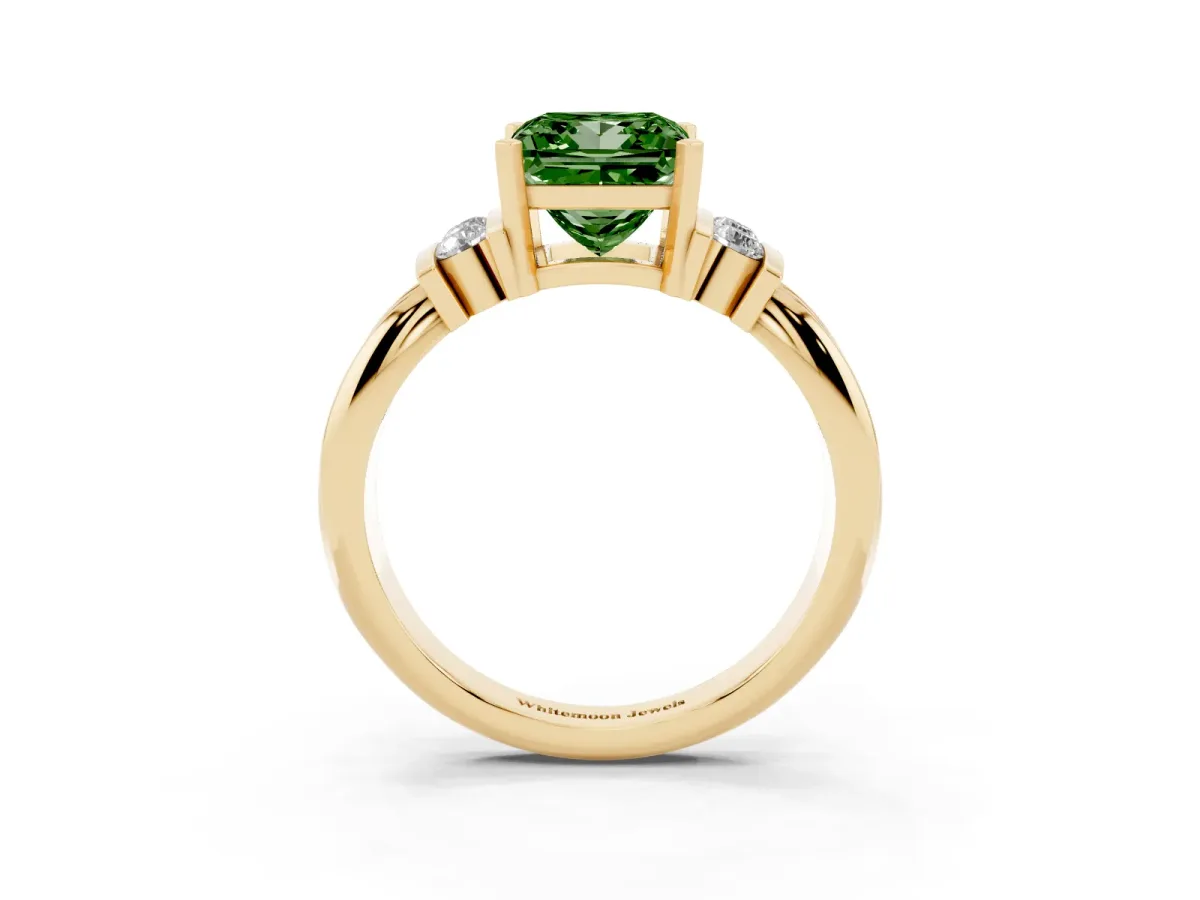 Fancy Green Princess Cut Cut Three-Stone Channel Set Ring with Bar Prongs Yellow gold