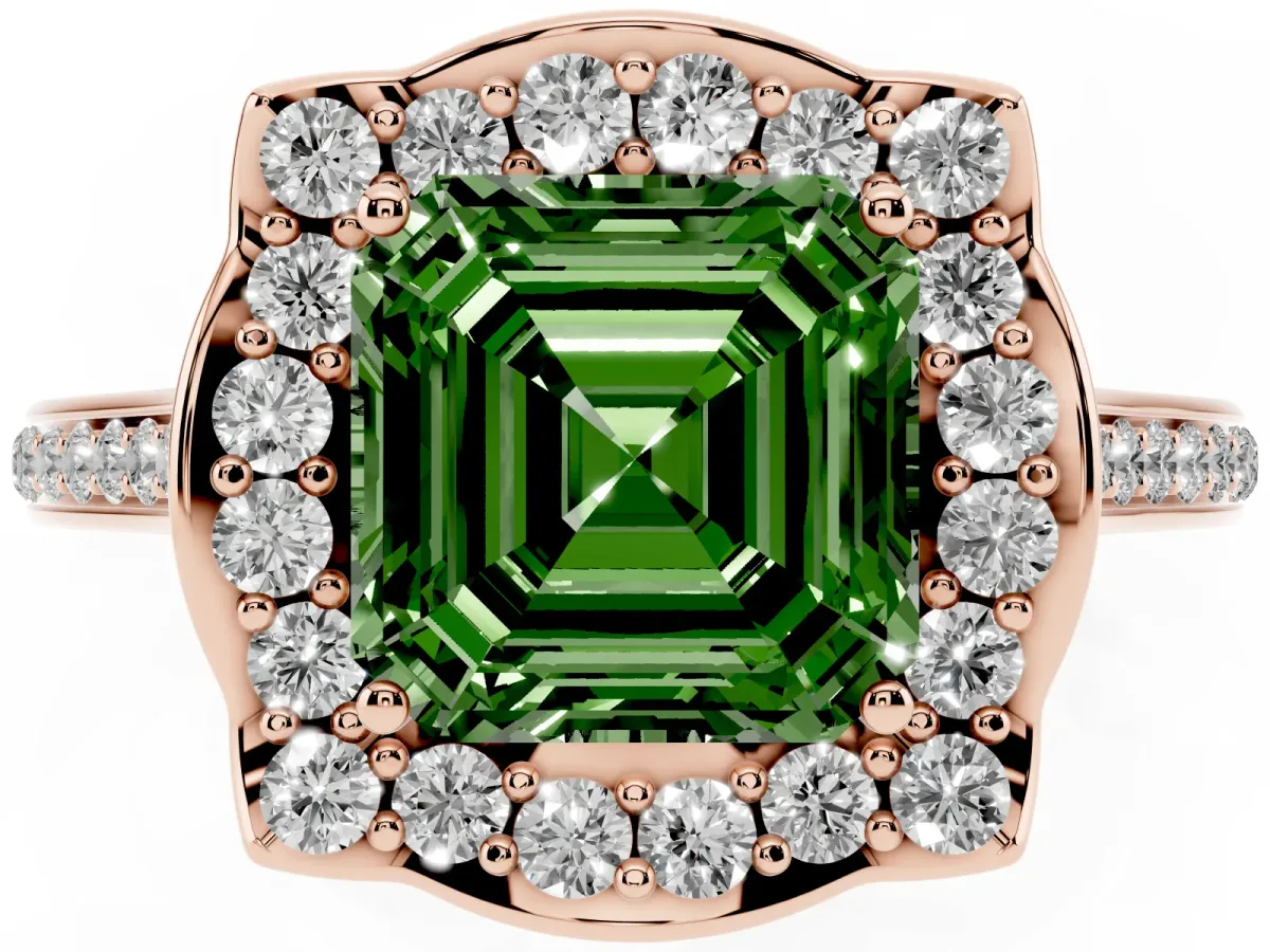 Fancy Green Asscher Cut Halo Round Diamond Pave Band with Four-Prong Setting Rose gold