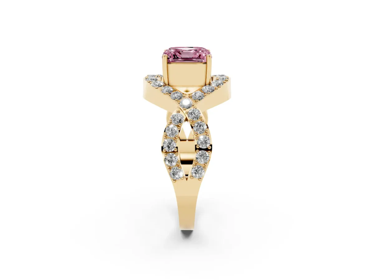 Fancy Pink Asscher Cut Solitaire Twist Band Pavé Diamond Engagement Ring Yellow gold