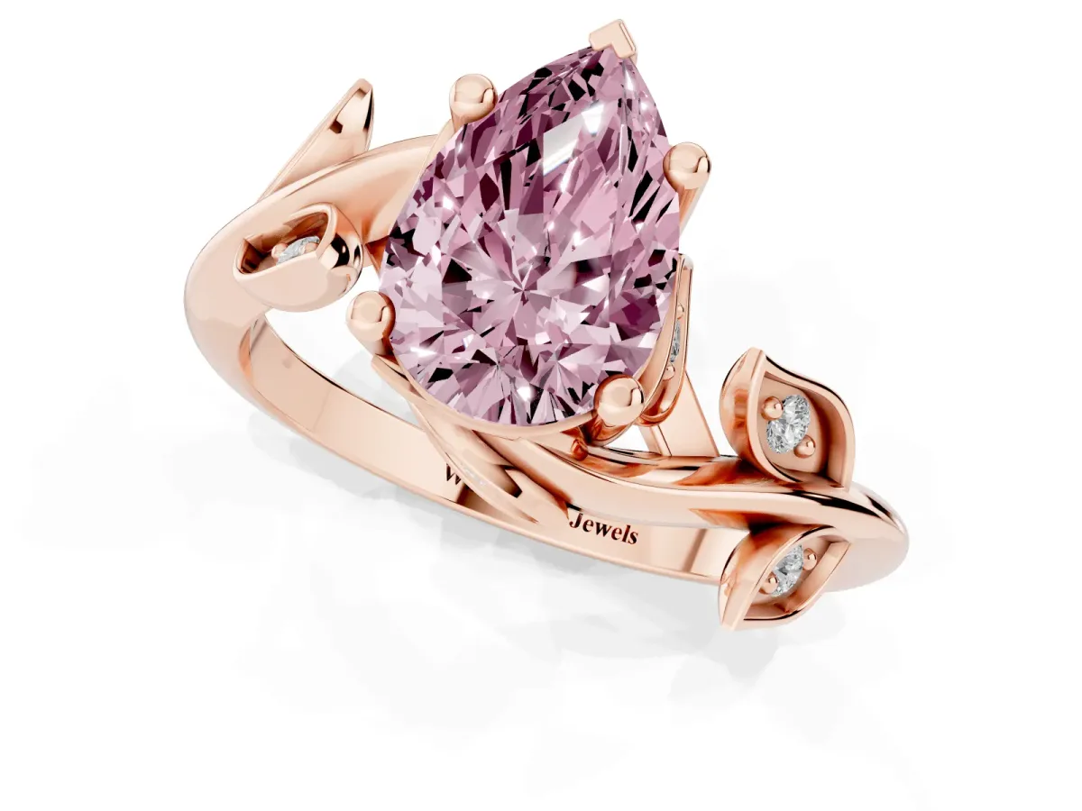 Fancy Pink Pear Cut Solitaire Twist Engagement Ring with Leaf Accents and Prong Setting Rose gold