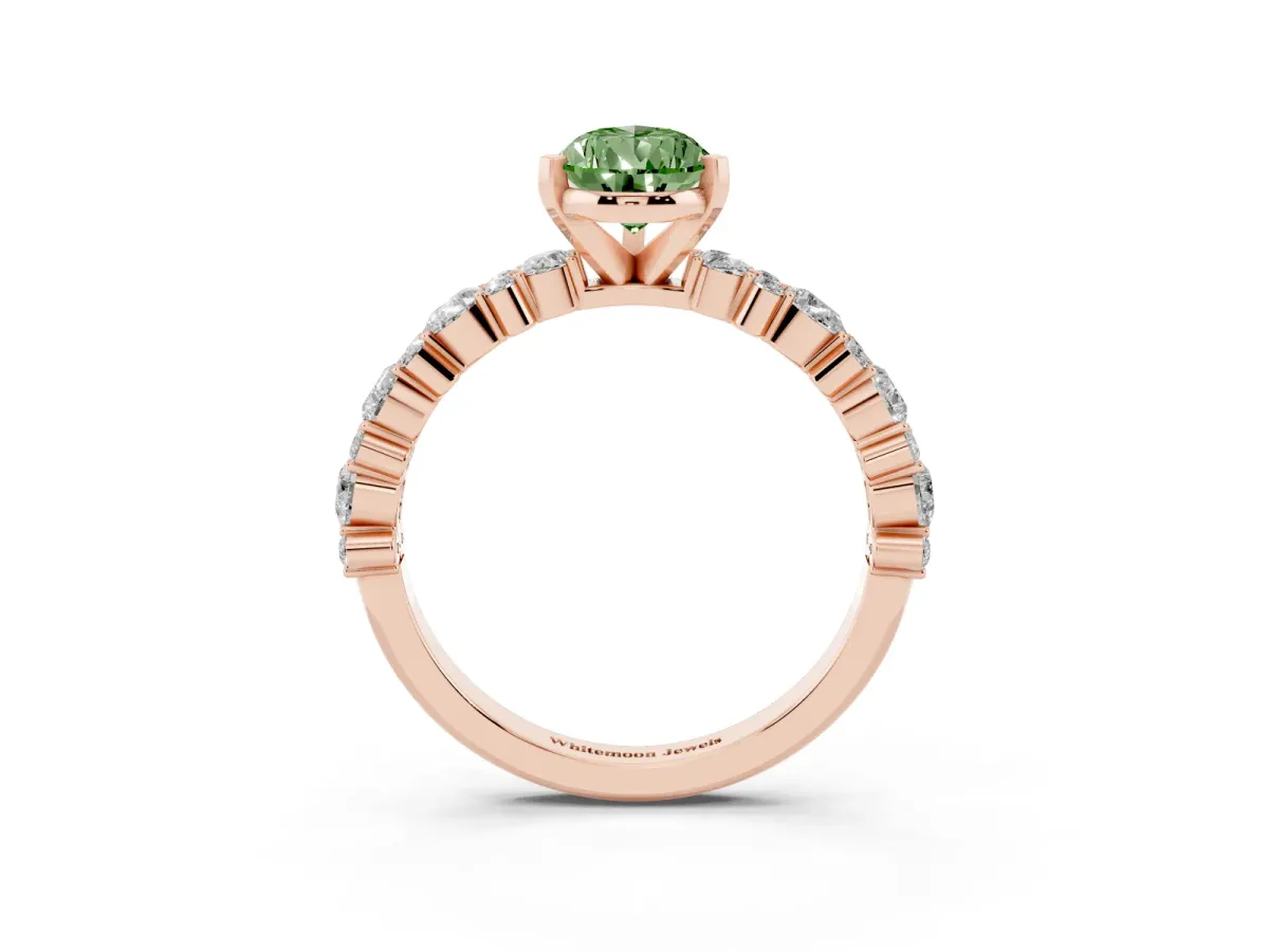 Fancy Green Pear Cut Diamond Side Stone Solitaire Ring with Round and Four-Prong Setting Rose gold