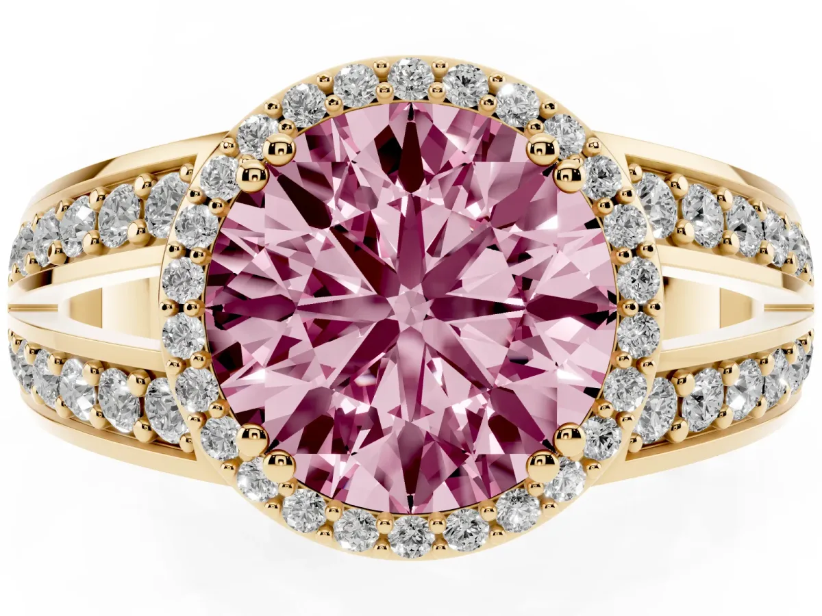 Fancy Pink Round Cut Diamond Halo Ring with Split Shank Pavé Band and Four-Prong Setting Yellow gold