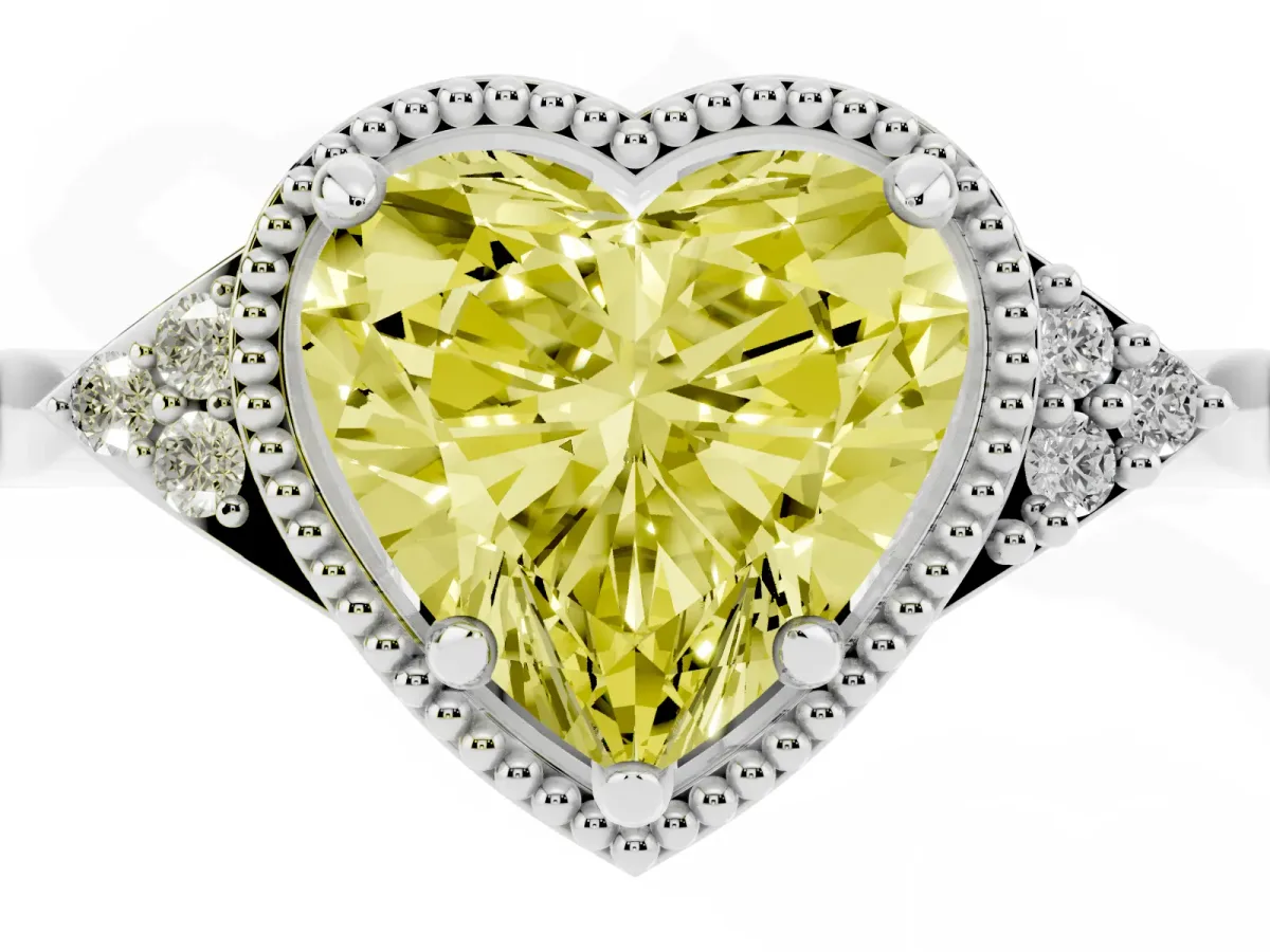 Fancy Yellow Heart Cut Diamond Halo Ring with Tapered Band and Four-Prong Setting Silver