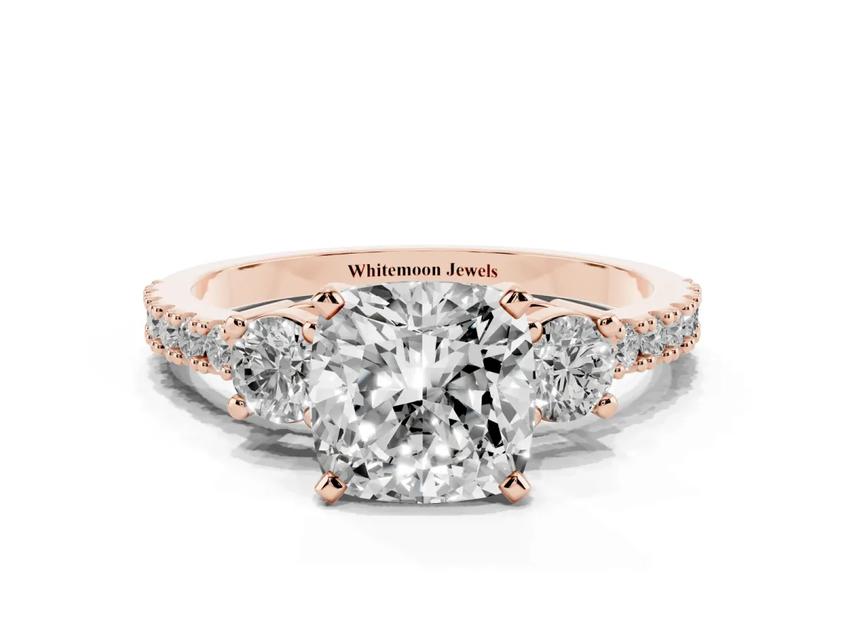 Cushion Cut Three-Stone Diamond Pavé Band with Prong Setting Rose gold