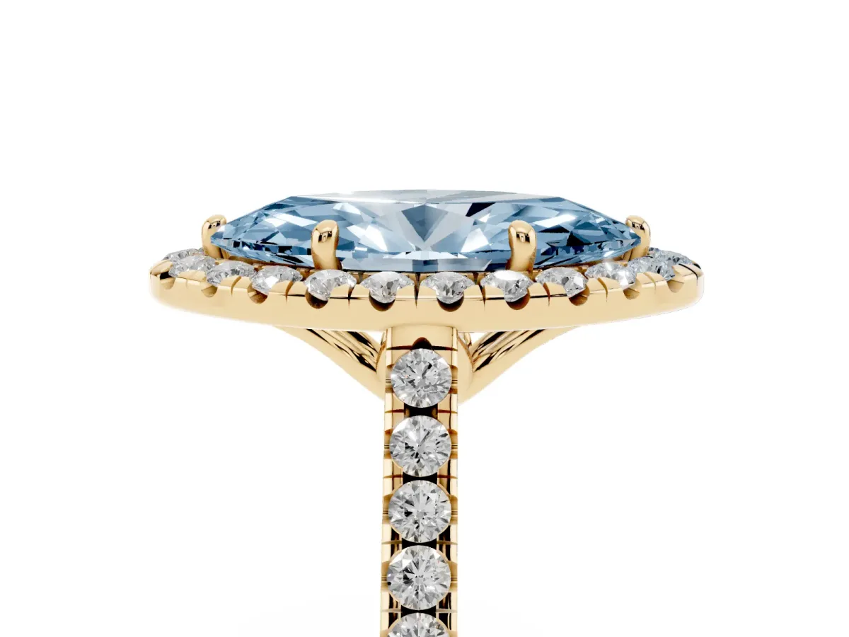 Fancy Blue Marquise Cut Halo Pavé Diamond Engagement Ring with Four-Prong Setting Yellow gold