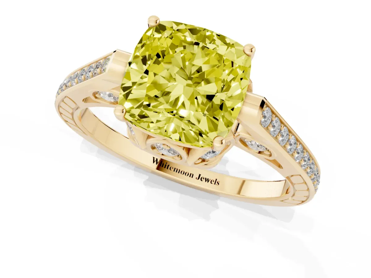 Fancy Yellow Cushion Cut Cut Cathedral Pave Diamond Engagement Ring with Six-Prong Setting Yellow gold
