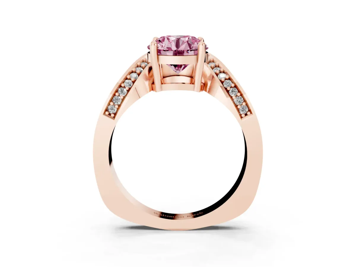 Fancy Pink Round Cut Solitaire Diamond Engagement Ring with Pave Band and Four-Prong Setting Rose gold