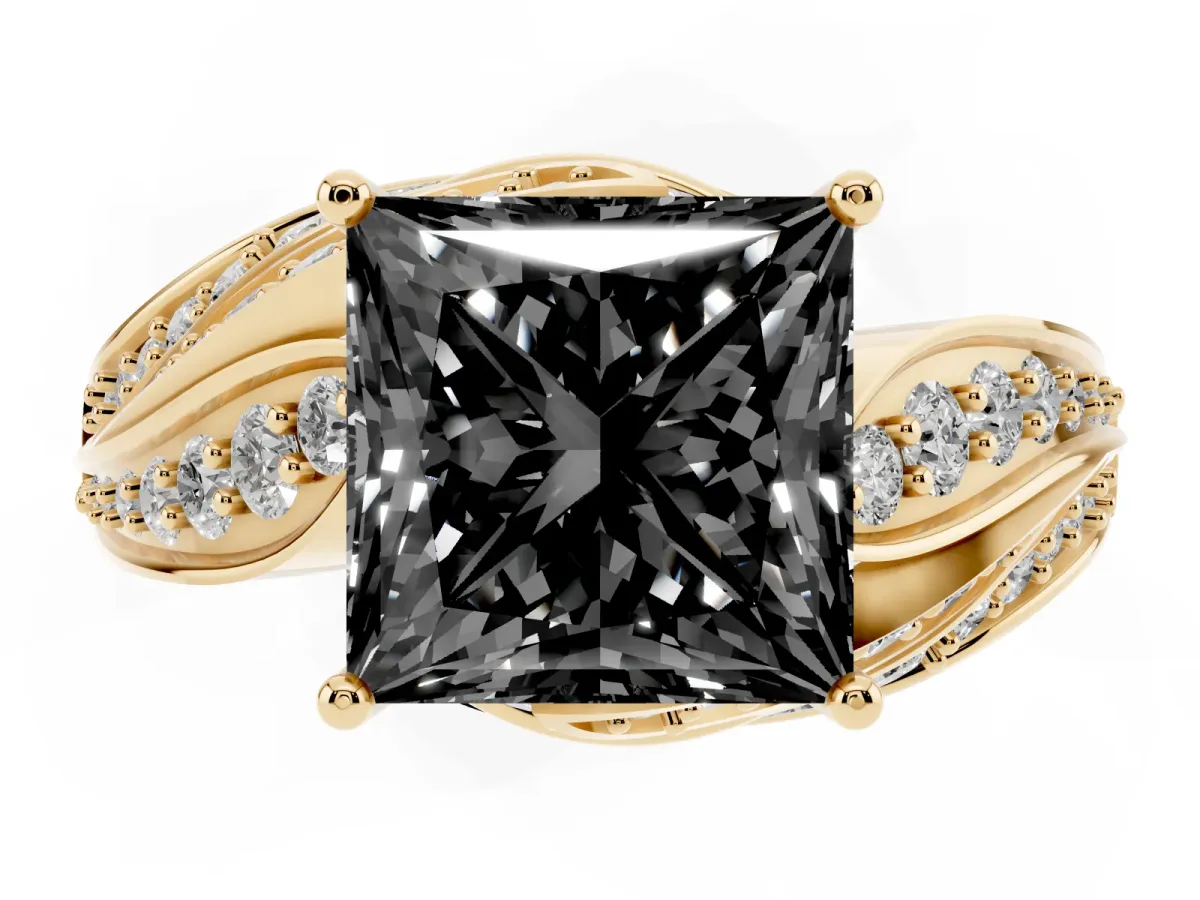 Fancy Black Princess Cut Diamond Solitaire Ring with Prong Setting and Twisted Pavé Band Yellow gold