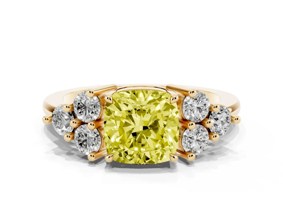 Fancy Yellow Cushion Cut Brilliant Diamond Cluster Accent Solitaire Ring with Prong Setting Yellow gold