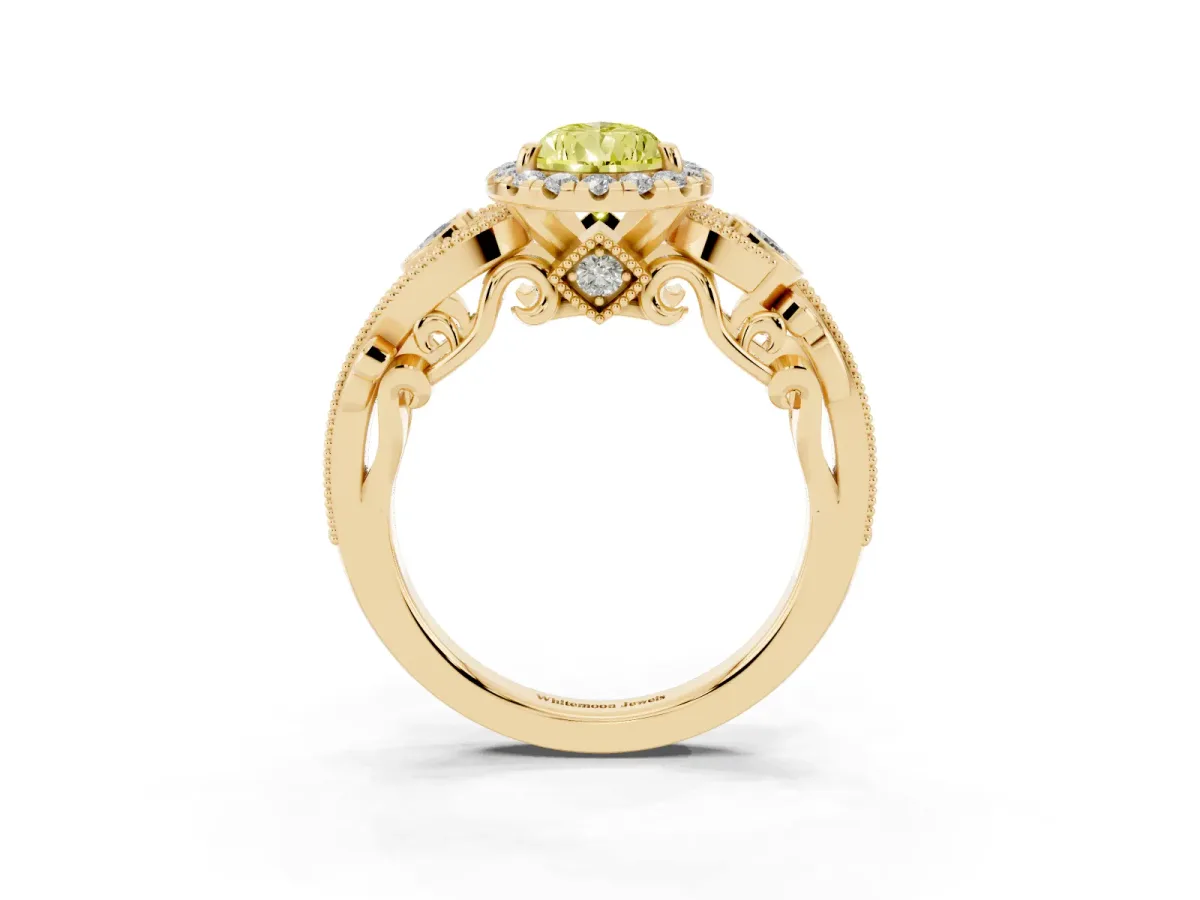 Fancy Yellow Pear Cut Diamond Halo Ring with Milgrain Pavé Band and Four-Prong Setting Yellow gold