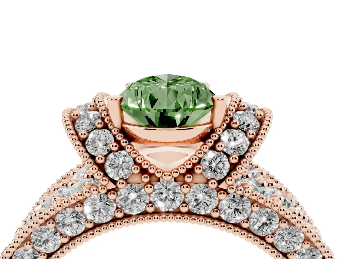 Fancy Green Pear Cut Halo Pave Diamond Engagement Ring with Milgrain Detailing Rose gold