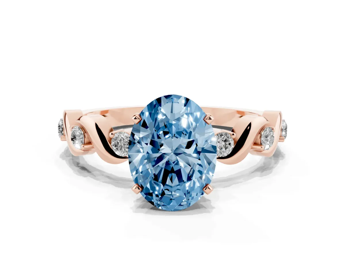 Fancy Blue Oval Cut Diamond Solitaire Twisted Band with Round Accents and Prong Setting Rose gold
