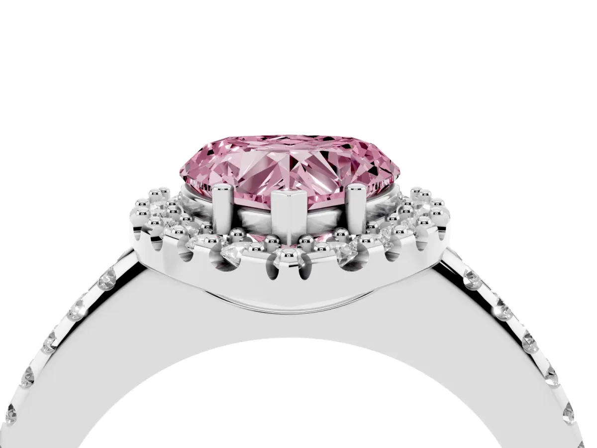 Fancy Pink Heart Cut Diamond Pavé Halo Ring with Four-Prong Setting Silver