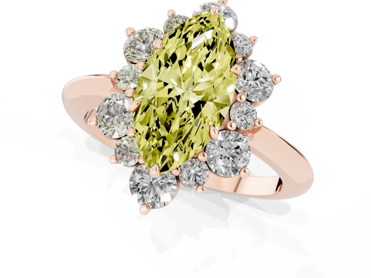 Fancy Yellow Marquise Cut Diamond Cluster Halo Ring with Solitaire Band and Four-Prong Setting Rose gold