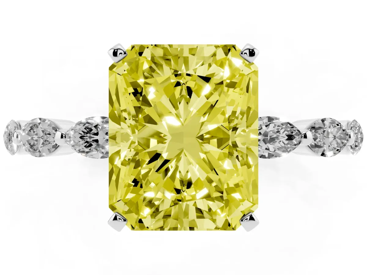 Fancy Yellow Radiant Cut Diamond Ring with Marquise Side Stones and Prong Setting Platinum