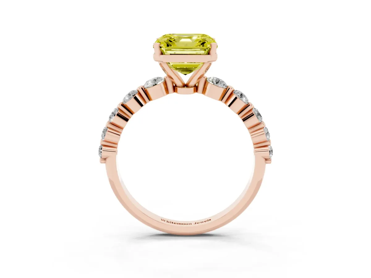 Fancy Yellow Asscher Cut Solitaire Diamond Ring with Pave Band and Four-Prong Setting Rose gold