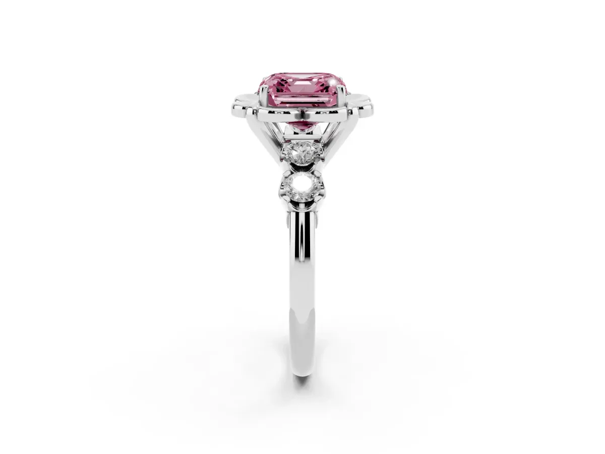 Fancy Pink Asscher Cut Cut Diamond Floral Halo Engagement Ring with Shared Prong Setting Silver