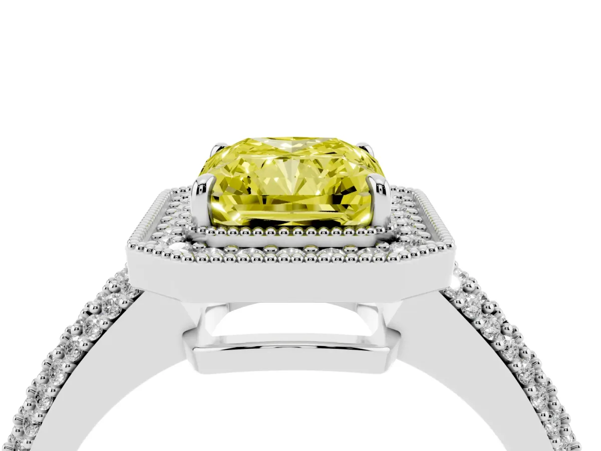 Fancy Yellow Radiant Cut Cut Halo Diamond Pave Band with Four-Prong Setting Silver