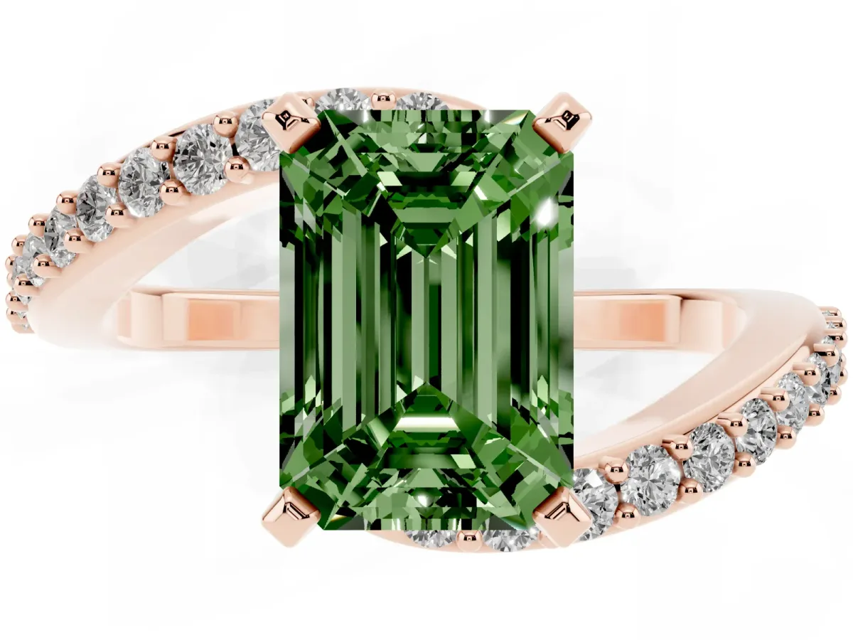 Fancy Green Emerald Cut Solitaire Twist Band with Pave Set Diamonds and Four-Prong Setting Rose gold