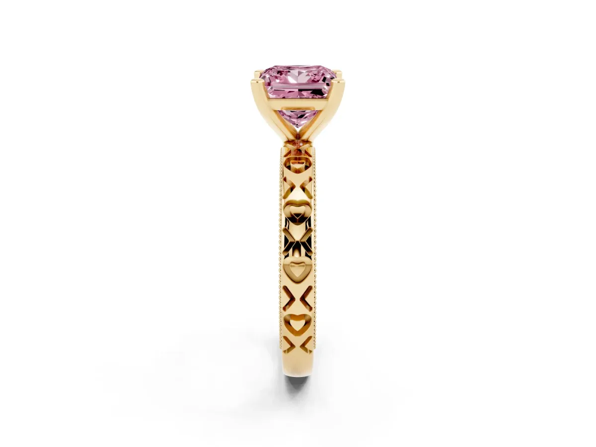 Fancy Pink Princess Cut Solitaire Diamond Engagement Ring with XO Engraved Band and Four-Prong Setting Yellow gold