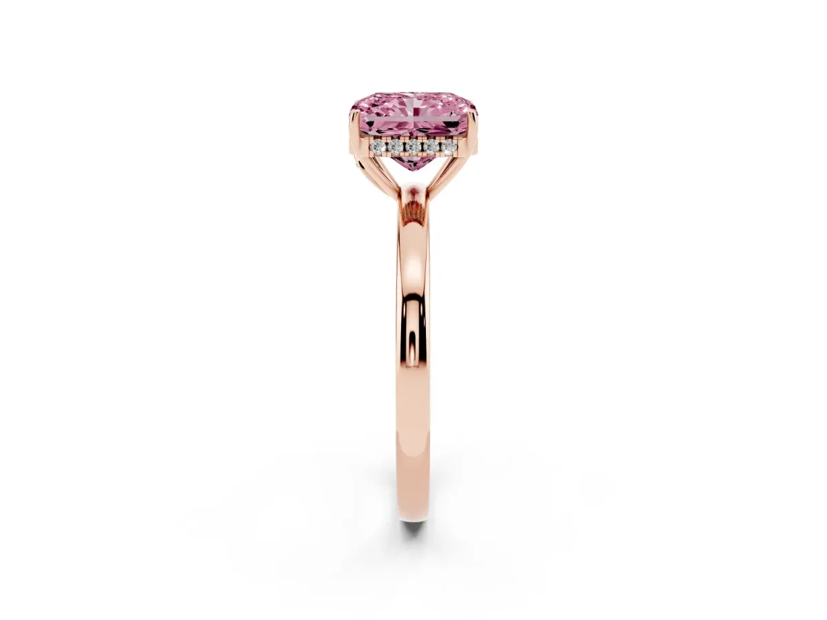 Fancy Pink Radiant Cut Solitaire Diamond Ring with Prong Setting and Plain Band Rose gold