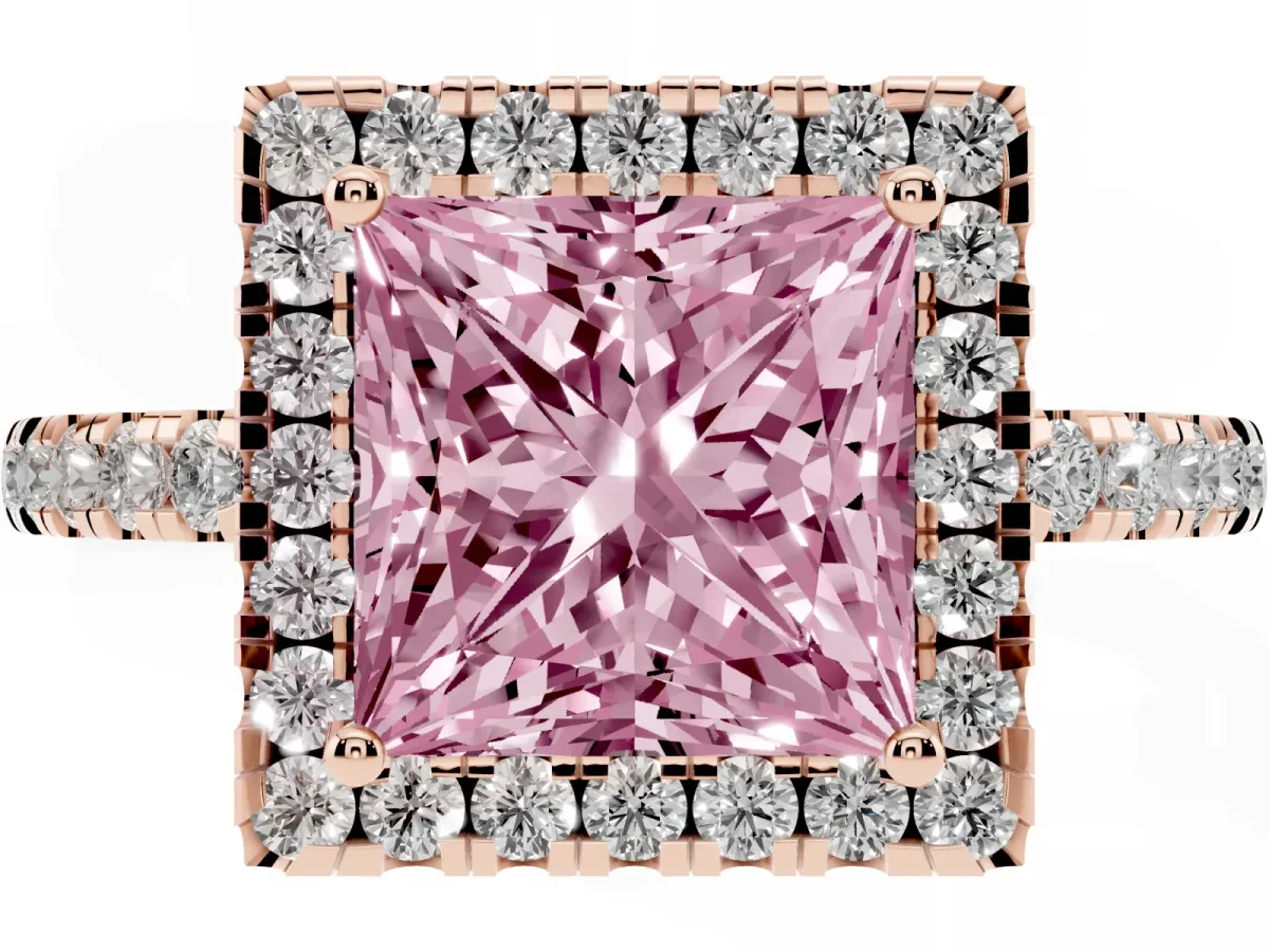 Fancy Pink Princess Cut Halo Diamond Engagement Ring with Pavé Band and Four-Prong Setting Rose gold