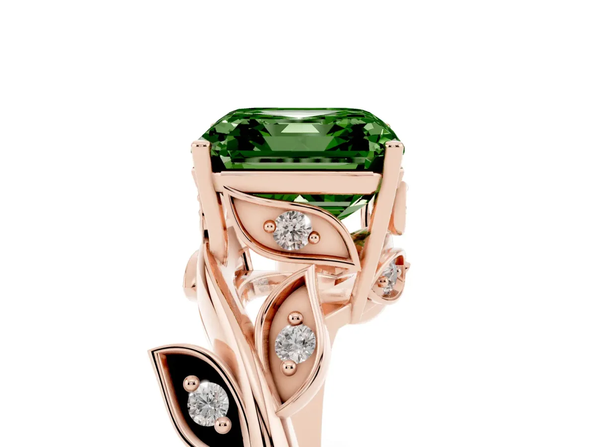 Fancy Green Asscher Cut Solitaire Twist Engagement Ring with Leaf Accents and Prong Setting Rose gold