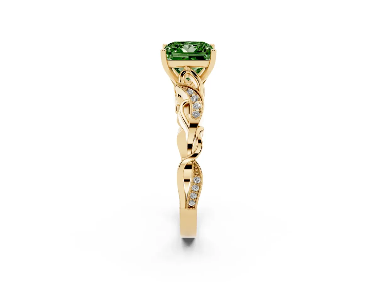 Fancy Green Princess Cut Solitaire Vine Band with Milgrain Prong Setting Yellow gold
